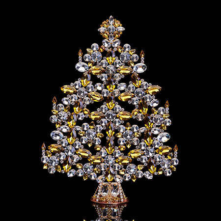 Vintage Czech tabletop Christmas tree - with yellow ornaments