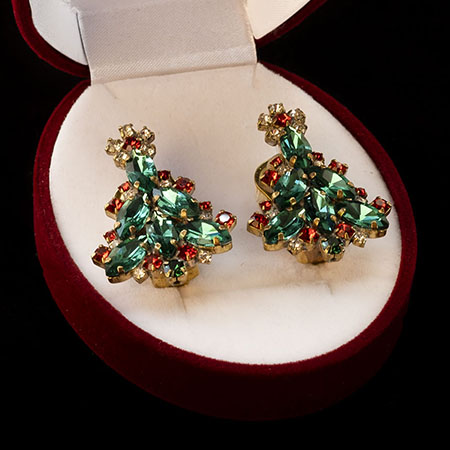 Festive clip-on earrings handcrafted with colored crystal.