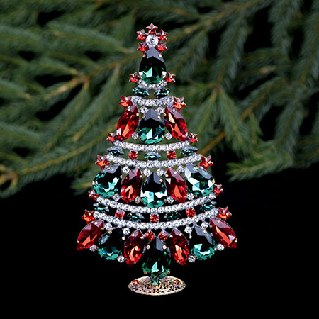 Pretty Christmas tree handcrafted with red and green rhinestones.