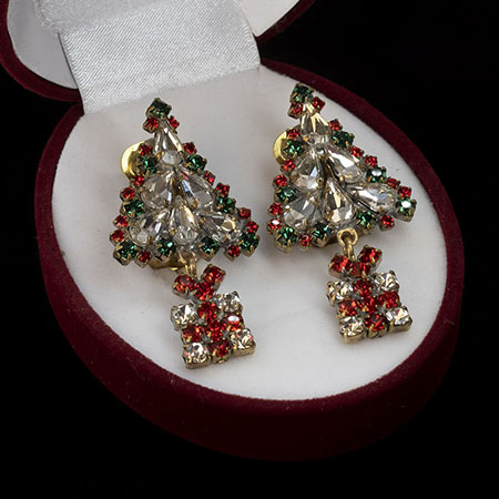Rhinestone Christmas tree clip-on earrings with hanging gift.