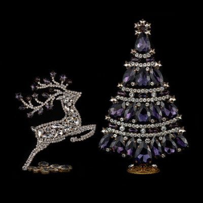 Christmas tree and reindeer from clear and purple rhinestones.