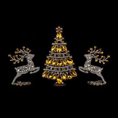 Christmas tree and reindeers from clear and yellow rhinestones.