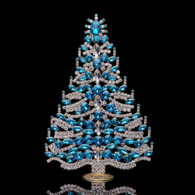 Handmade tabletop Christmas tree with aqua rhinestones