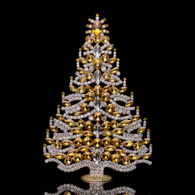 Handmade tabletop Christmas tree with yellow rhinestones