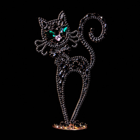 Rhinestones cat decoration handmade from black glimmering crystals.