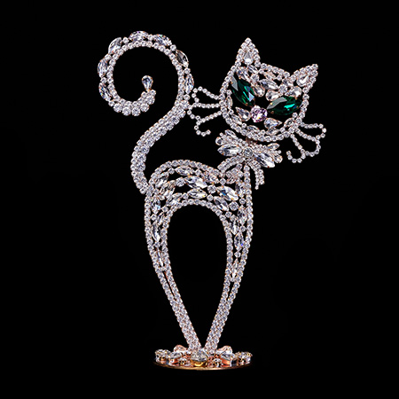 Rhinestones cat decoration handmade from clear glimmering crystals.