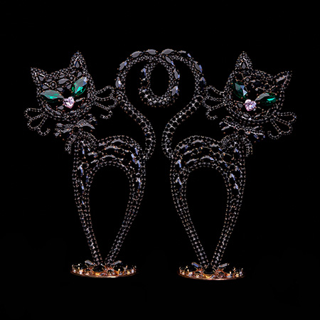 Rhinestones twin cats decoration handmade from black crystals .