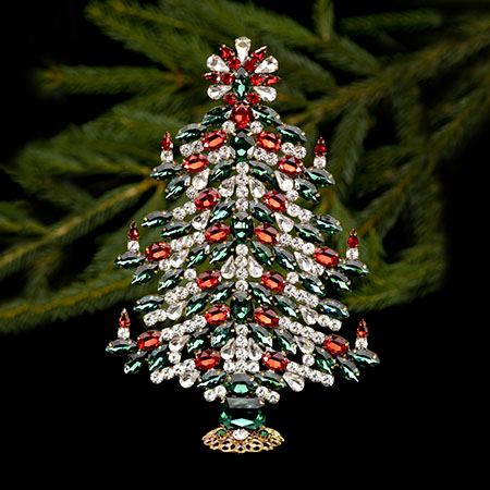 Handcrafted colored Christmas tree - with green, clear, red crystals.