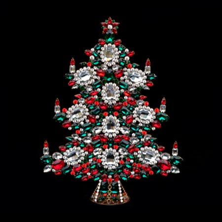 Handcrafted winter Xmas tree with crystals - tabletop decoration.