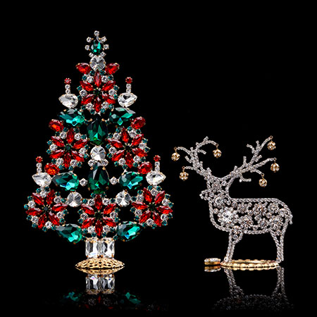 Handcrafted green Christmas tree and reindeer table top set.