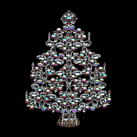 Vintage Czech tabletop Christmas tree - with crystals ornaments.