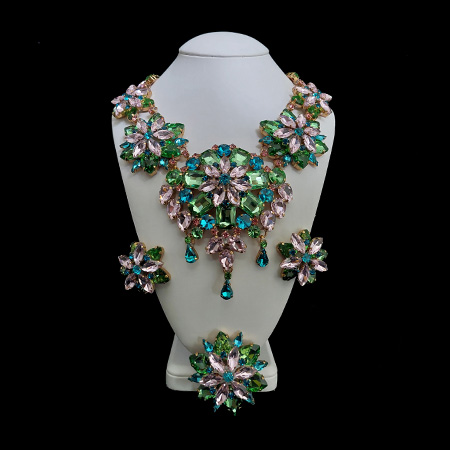 Multicolor crystals earrings, brooche and necklace set Blossom